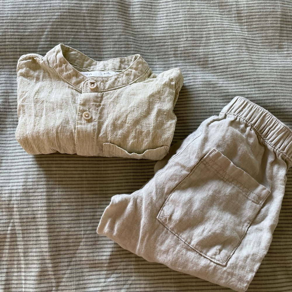 Zara kids Linen Set - Light Green & Cream